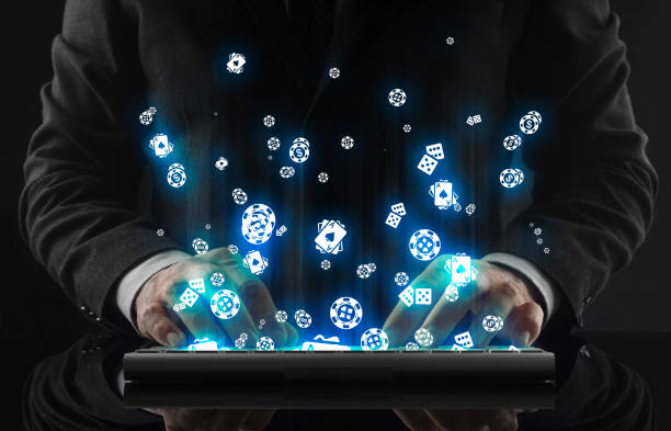 Business man working in office and icons appearing